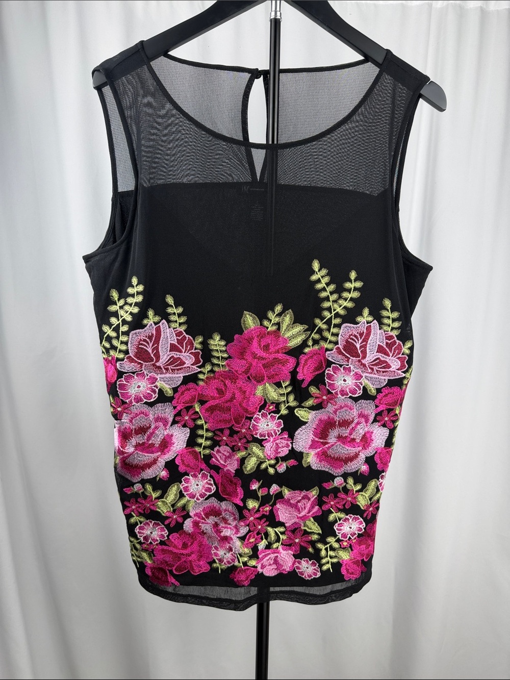 INC International Concepts Black Floral Embroidered Mesh Top Large